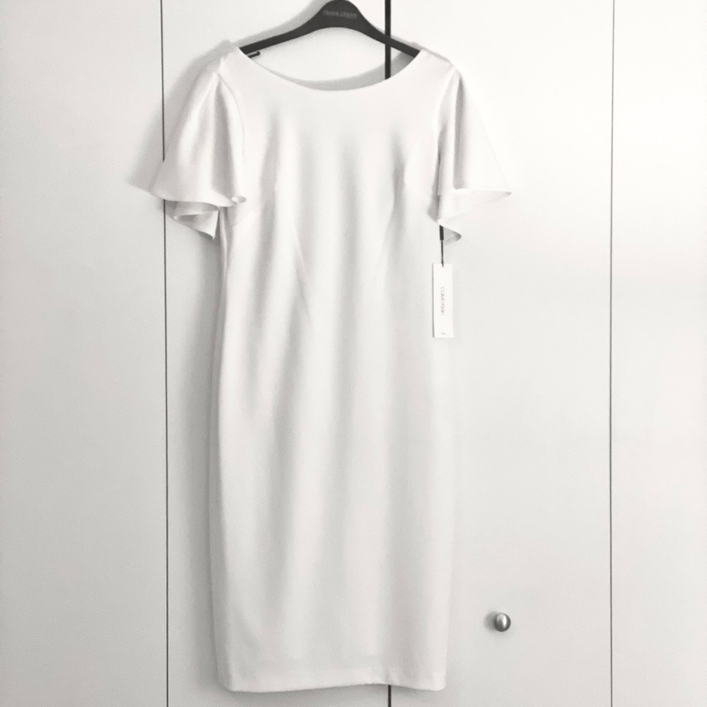 NWT Size 8 White Calvin Klein Ruffle Sleeve Dress